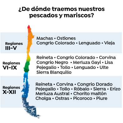 Mapa de origen de pescados y mariscos Chile